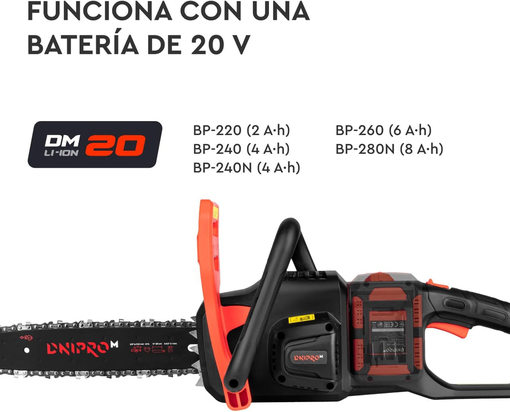 Motosierra a Batería Dnipro-M DCS-201BC 20V – Kit Profesional con Motor Brushless, Espada de 30 cm, Batería Compacta 4Ah (Samsung) y Cargador Rápido