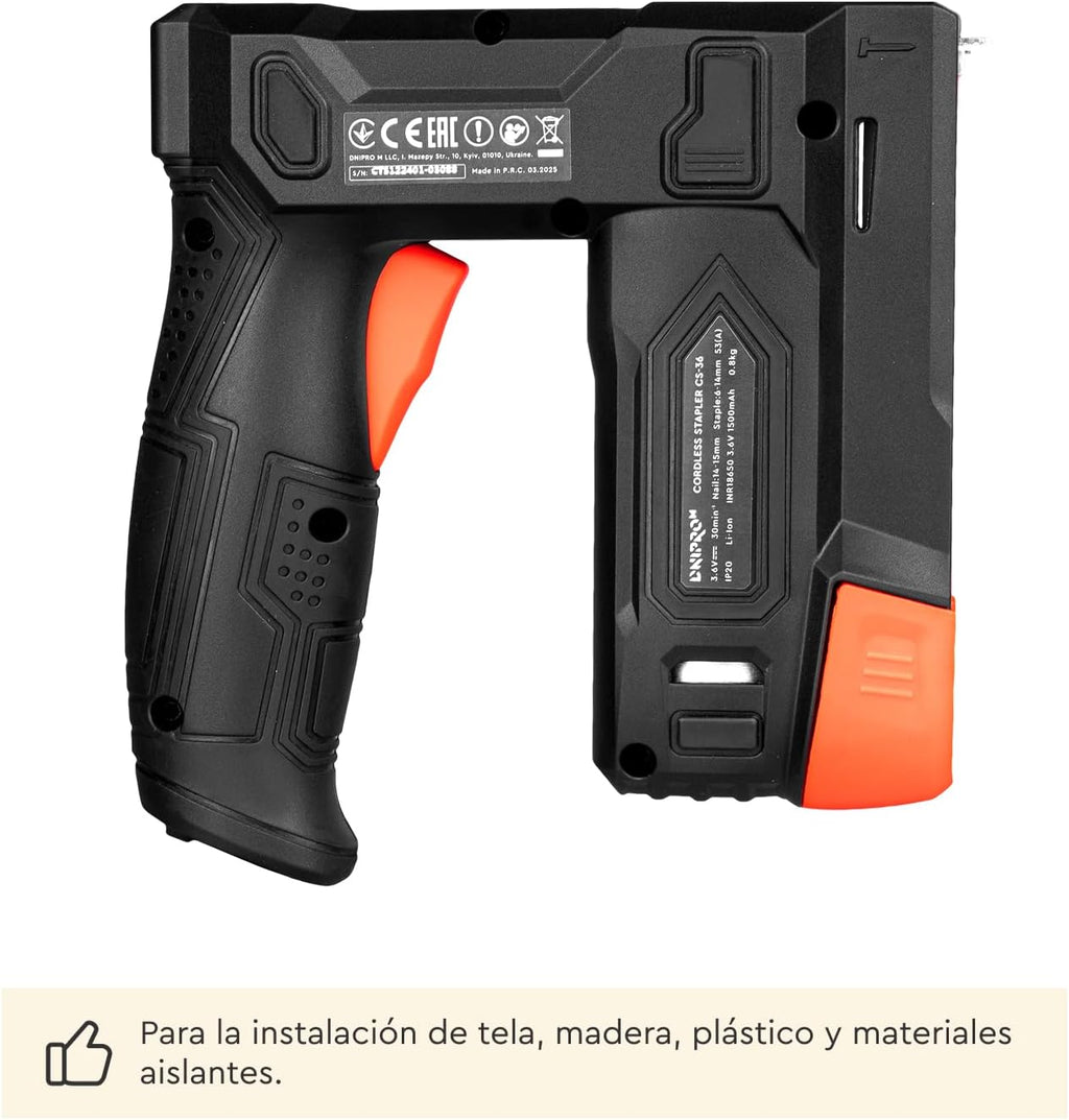 Grapadora inalámbrica Dnipro-M CS-36 para grapas y clavos, con batería Li-Ion y carga USB Type-C
