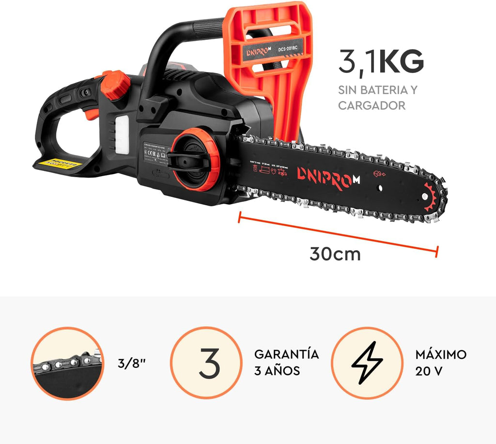Motosierra a Batería Dnipro-M DCS-201BC 20V – Kit Profesional con Motor Brushless, Espada de 30 cm, Batería Compacta 4Ah (Samsung) y Cargador Rápido