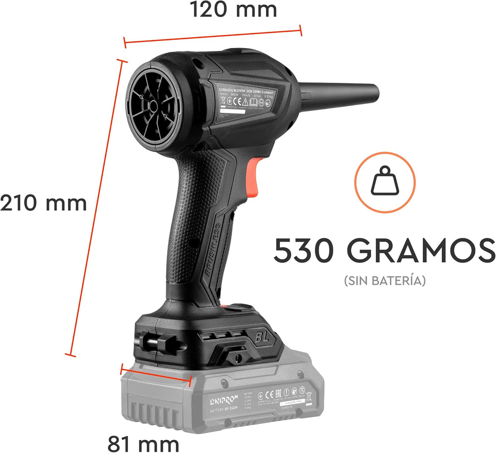 Soplador inalámbrico Dnipro-M DCB-203BC Compact 20V, motor brushless, 4 velocidades, sin batería ni cargador