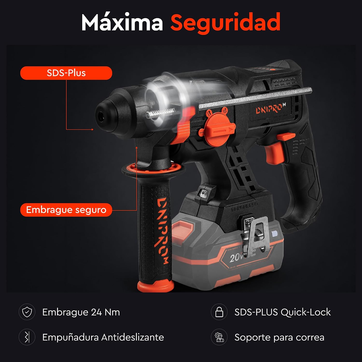 Martillo Perforador a Batería Compacto Dnipro-M DHR-201BC Compact (Sin Batería ni Cargador) – Motor Brushless Ligero de 1.85 kg, Fuerza de Impacto 1.7 J