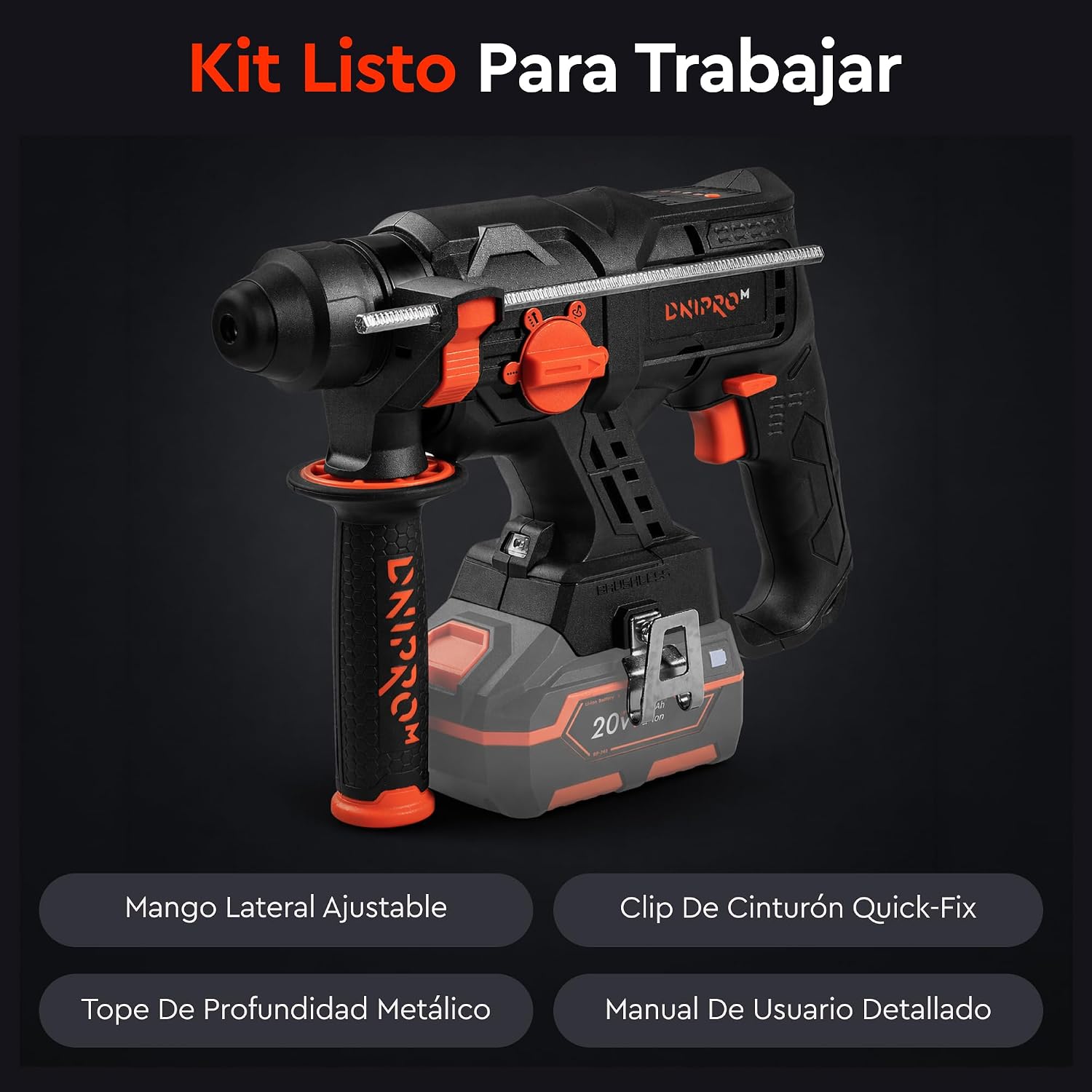 Martillo Perforador a Batería Compacto Dnipro-M DHR-201BC Compact (Sin Batería ni Cargador) – Motor Brushless Ligero de 1.85 kg, Fuerza de Impacto 1.7 J