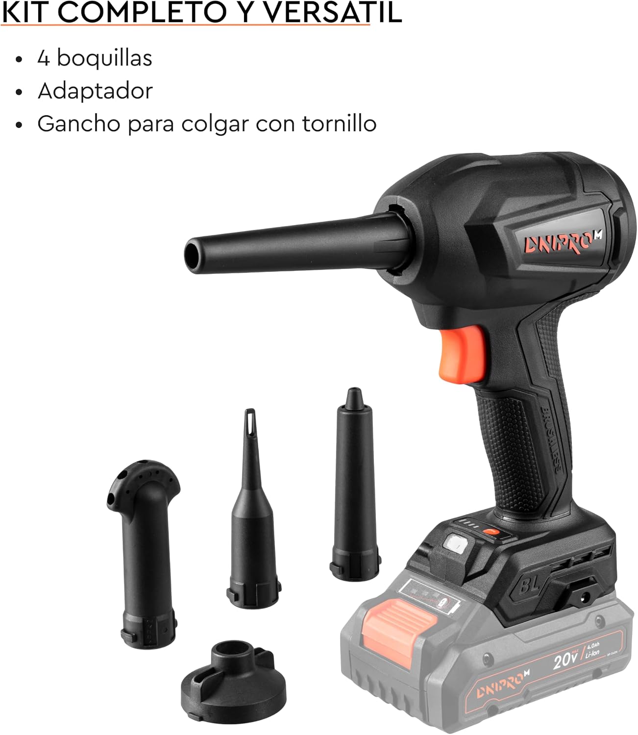 Soplador inalámbrico Dnipro-M DCB-203BC Compact 20V, motor brushless, 4 velocidades, sin batería ni cargador
