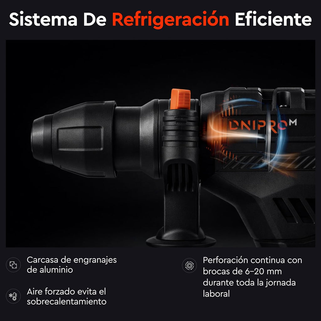 Martillo Perforador de Barril Dnipro-M BH-20 1650W – Fuerza de Impacto de 5.5 J, Velocidad Variable, Embrague R-Control, SDS-Plus y Maletín