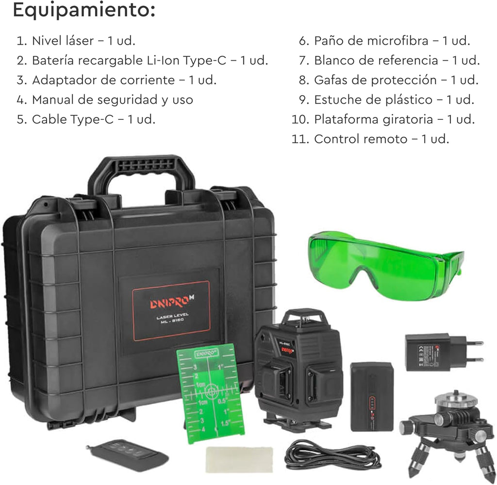 Nivel Láser Verde 4D Dnipro-M ML-816G – Profesional Autonivelante 4×360° (12/16 Líneas), Batería de 5200 mAh USB-C y Mando a Distancia
