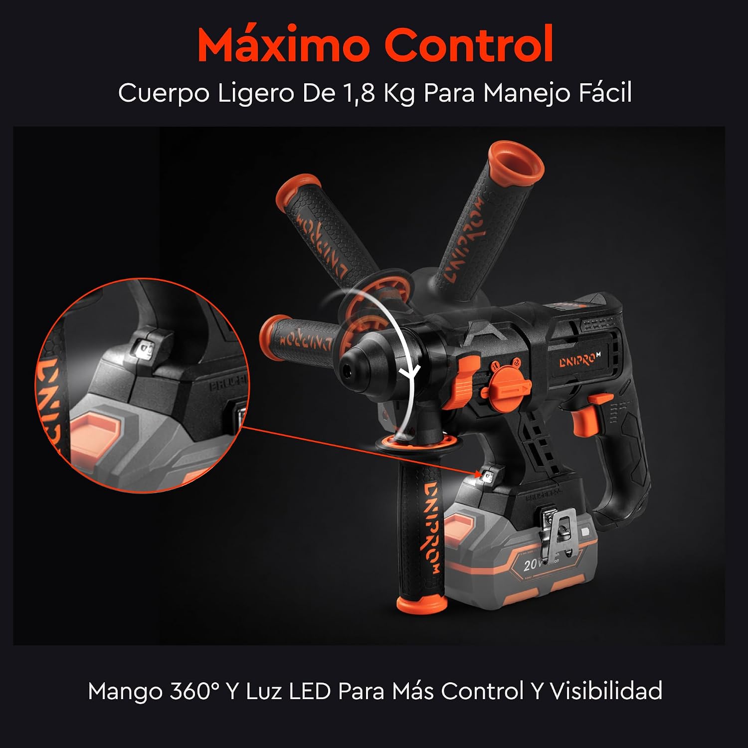Martillo Perforador a Batería Compacto Dnipro-M DHR-201BC Compact (Sin Batería ni Cargador) – Motor Brushless Ligero de 1.85 kg, Fuerza de Impacto 1.7 J