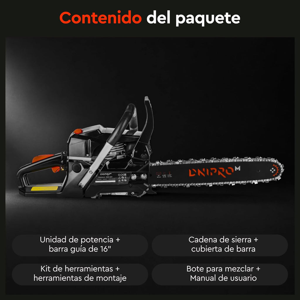 Motosierra de Gasolina Dnipro-M DSG-45HE – Motor de 45 cc (2000W), Espada de 40 cm, Sistema de Arranque Fácil y Filtro de Aire de Acceso Rápido