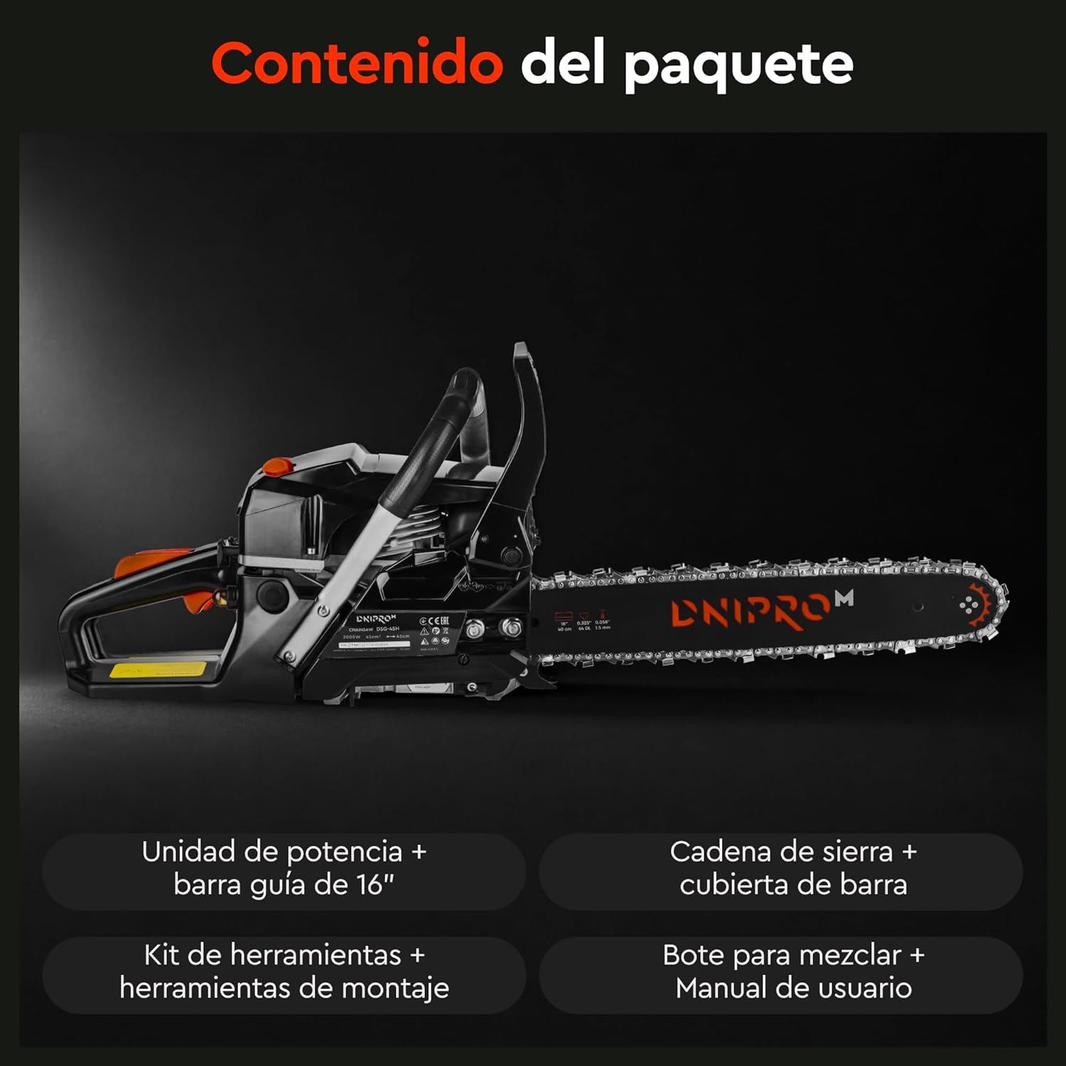 Motosierra de Gasolina Dnipro-M DSG-45HE – Motor de 45 cc (2000W), Espada de 40 cm, Sistema de Arranque Fácil y Filtro de Aire de Acceso Rápido