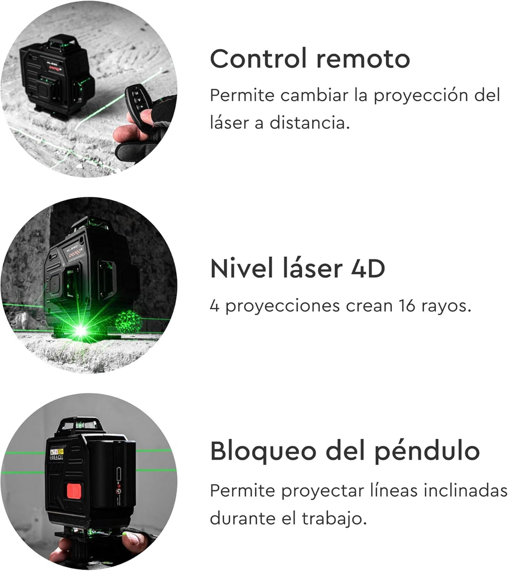 Nivel Láser Verde 4D Dnipro-M ML-816G – Profesional Autonivelante 4×360° (12/16 Líneas), Batería de 5200 mAh USB-C y Mando a Distancia
