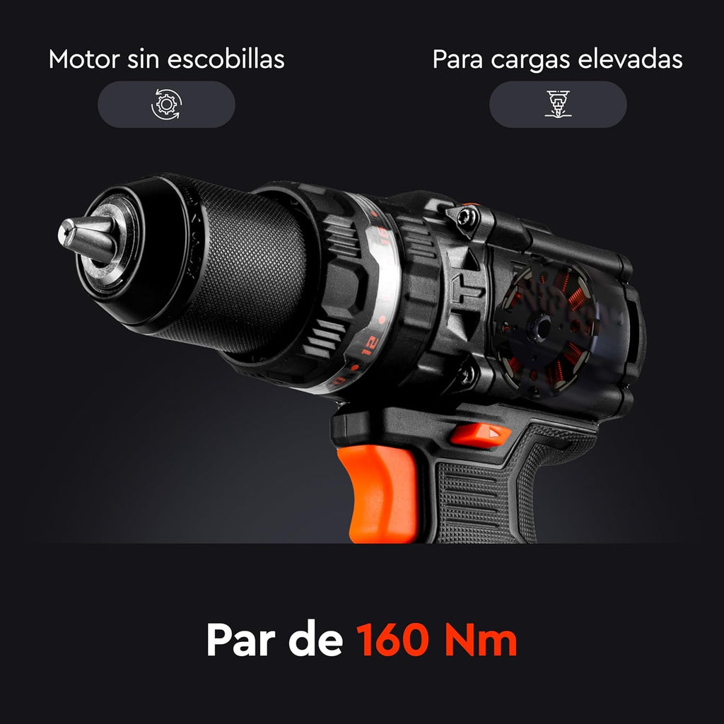 Taladro Atornillador de impacto a Batería Dnipro-M CD-202BC ULTRA 20V – Kit Profesional con Motor Brushless, Par de 160 Nm, Batería 2Ah y Cargador Rápido