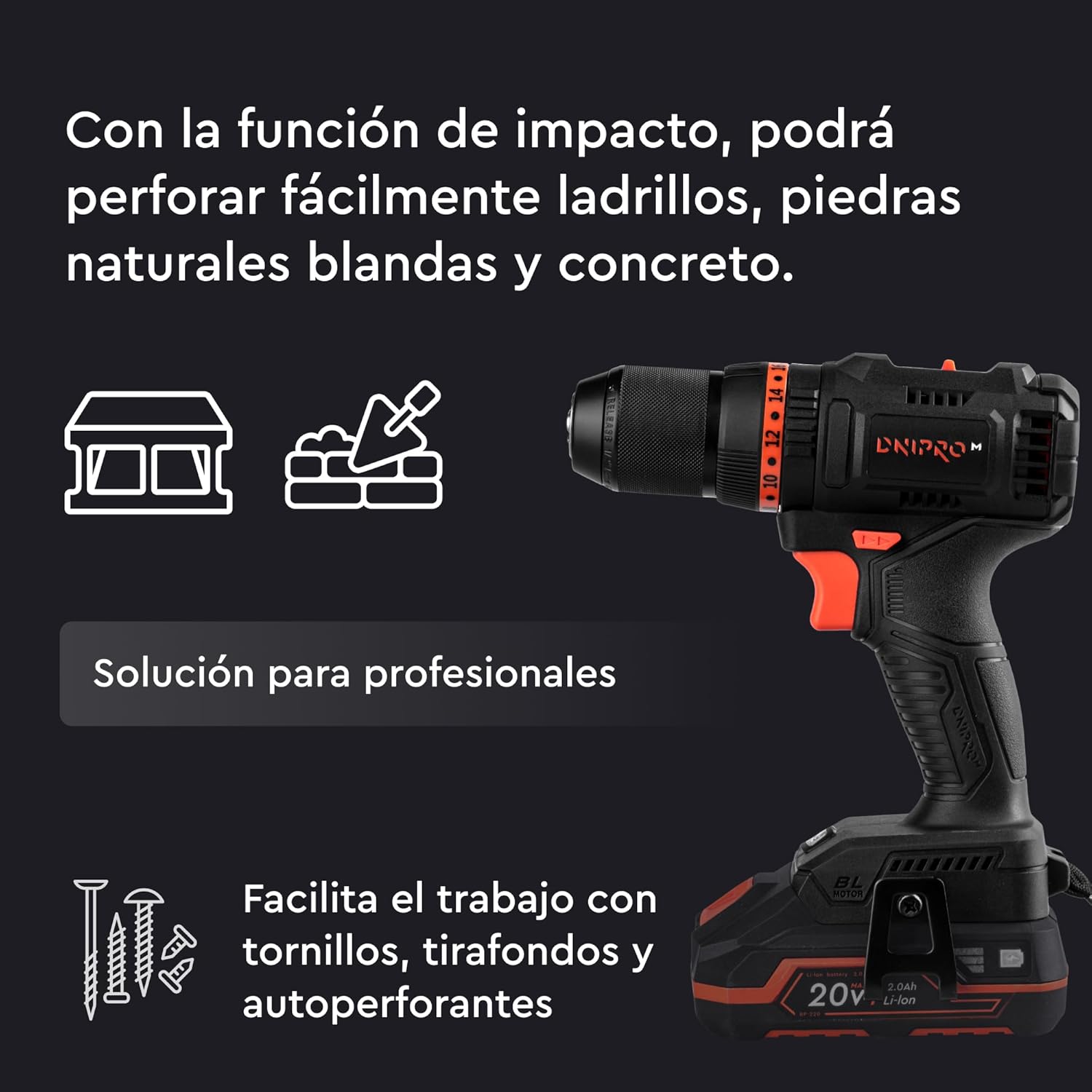 Taladro Percutor a Batería Dnipro-M CD-201HBC Compact 20V – Kit Profesional con Motor Sin Escobillas, Batería 2Ah y Cargador Rápido