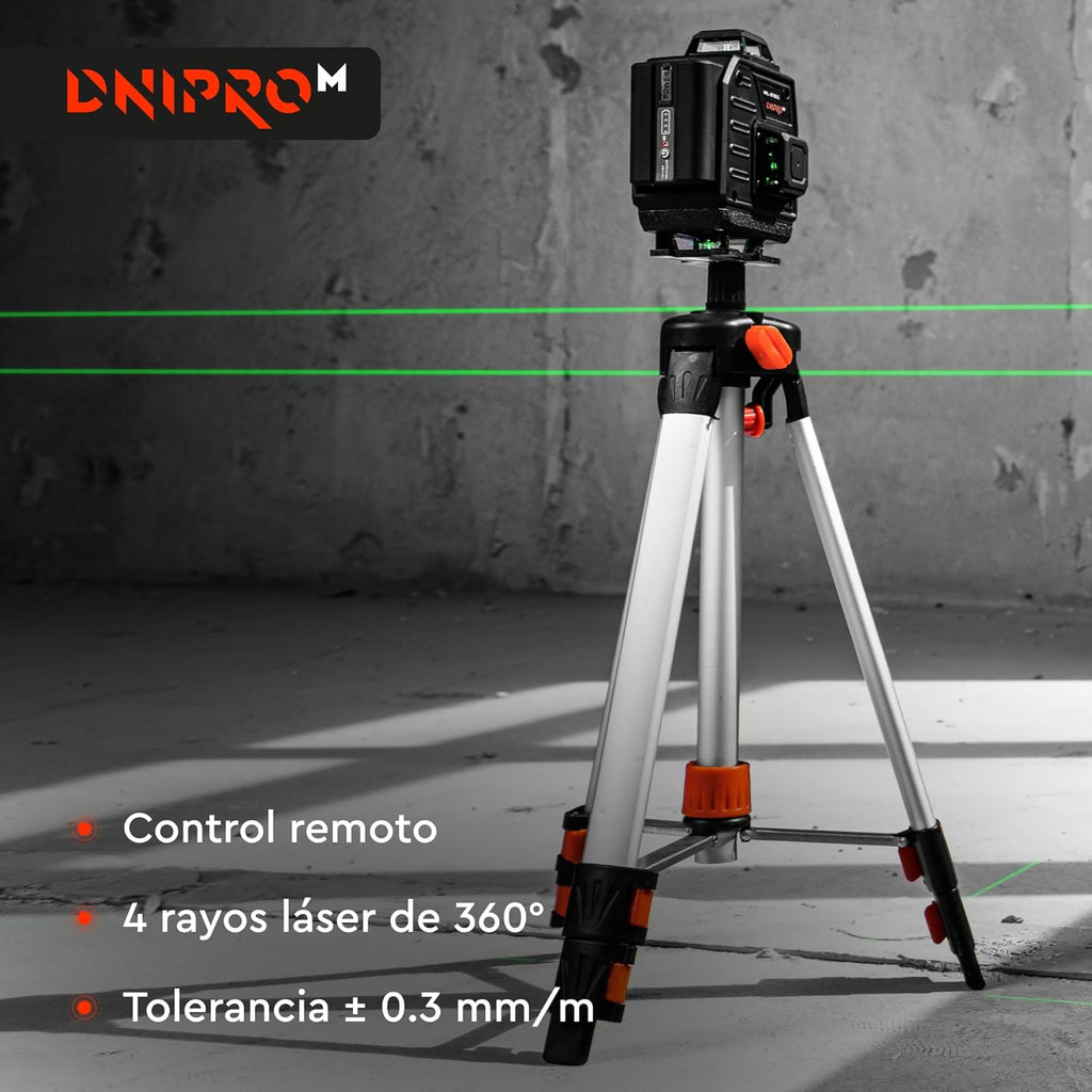 Nivel Láser Verde 4D Dnipro-M ML-816G – Profesional Autonivelante 4×360° (12/16 Líneas), Batería de 5200 mAh USB-C y Mando a Distancia