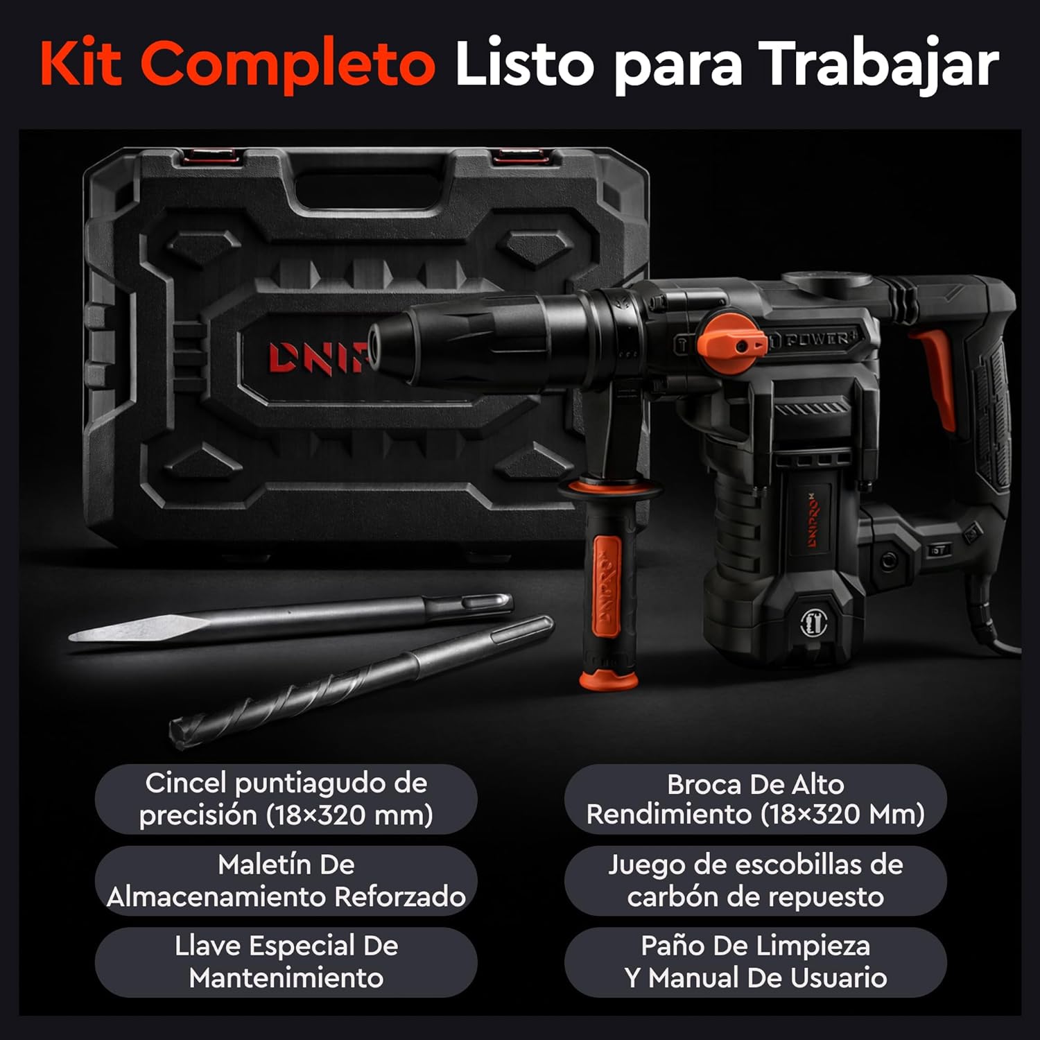Martillo Perforador y Demoledor Profesional Dnipro-M BH-30 1400W – Sistema Heavy Duty SDS-Max, Fuerza de Impacto de 9 J, Regulador de Velocidad y Maletín