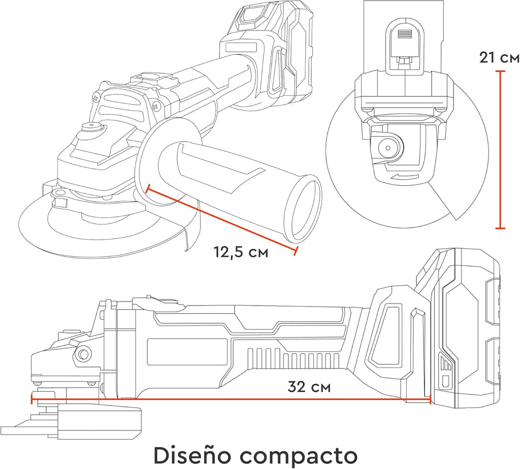 Amoladora Angular a Batería Dnipro-M DGA-201BC Ultra 20V – Motor Brushless, Kit con Batería de 4Ah y Cargador Rápido