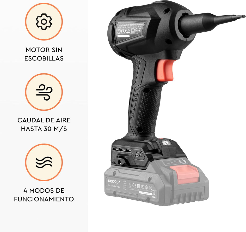 Soplador inalámbrico Dnipro-M DCB-203BC Compact 20V, motor brushless, 4 velocidades, sin batería ni cargador