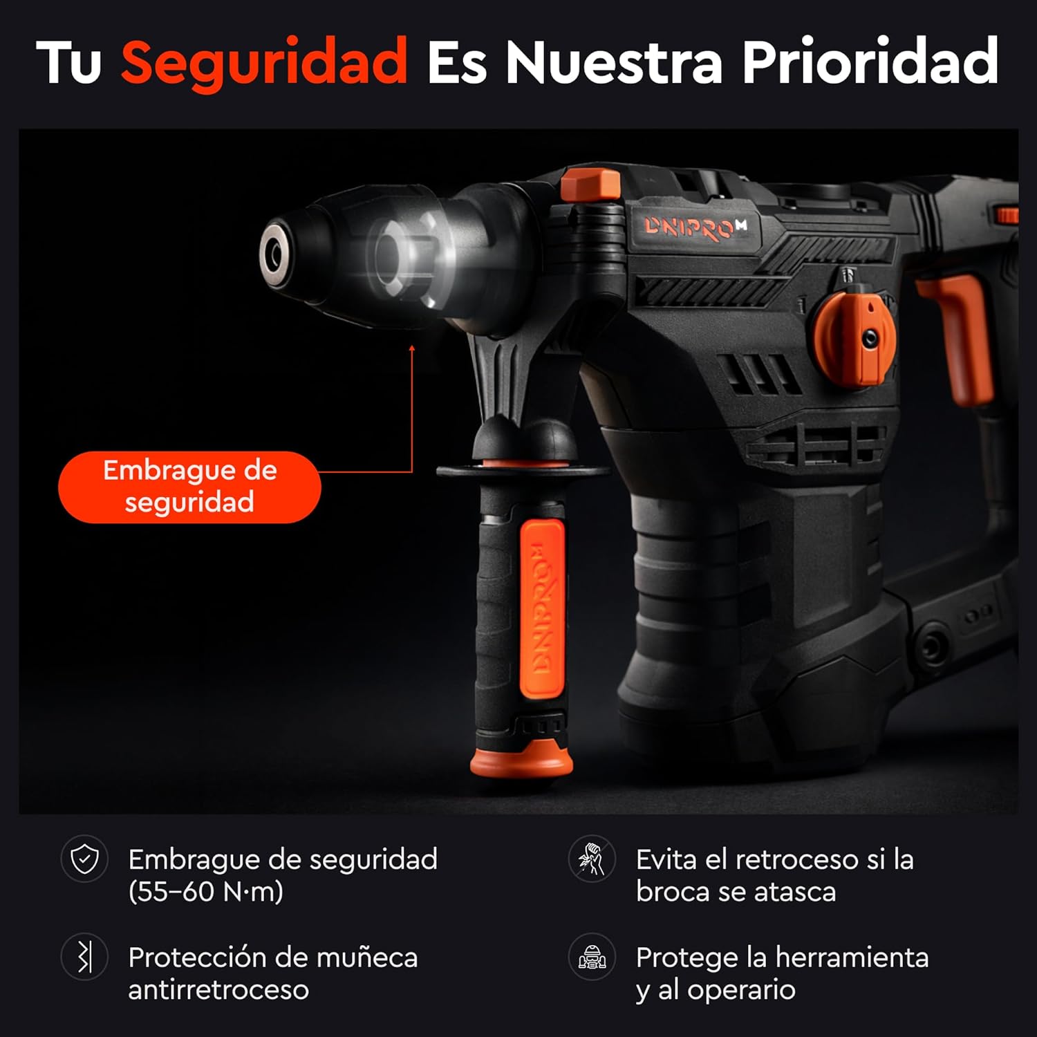 Martillo Perforador de Barril Dnipro-M BH-20 1650W – Fuerza de Impacto de 5.5 J, Velocidad Variable, Embrague R-Control, SDS-Plus y Maletín
