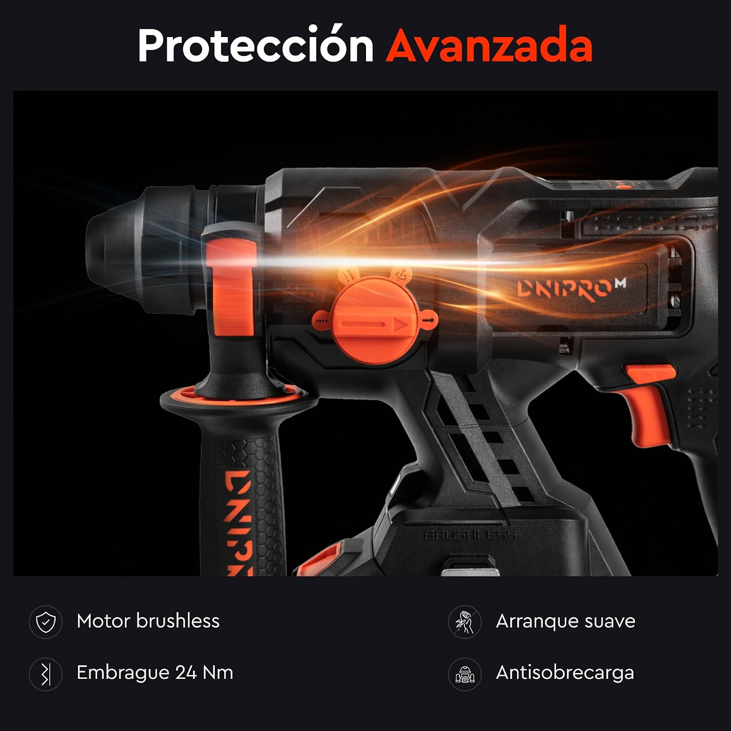 Martillo Perforador a Batería Compacto Dnipro-M DHR-201BC Compact (Sin Batería ni Cargador) – Motor Brushless Ligero de 1.85 kg, Fuerza de Impacto 1.7 J