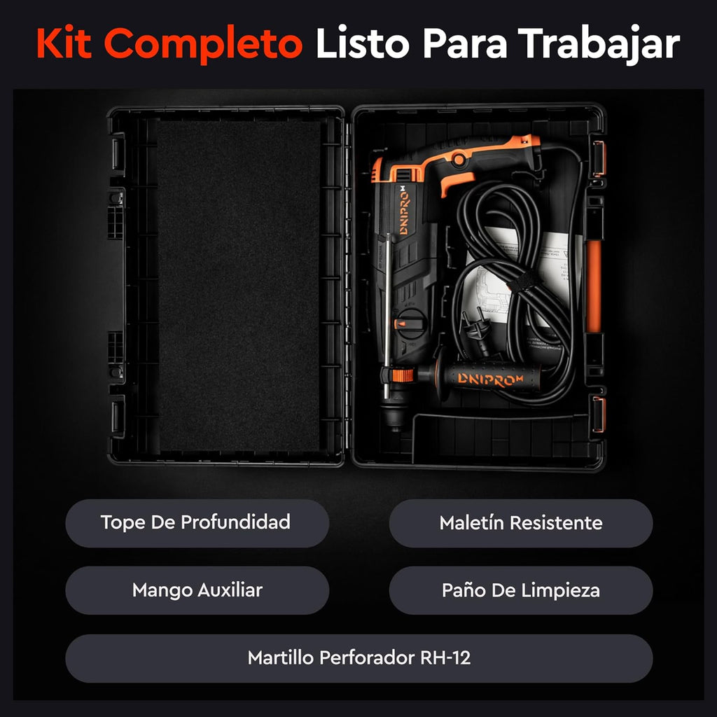 Martillo Perforador Ligero Dnipro-M RH-12 1050W – Energía de Impacto de 3.2 J, 4 Modos de Trabajo, Sistema SDS-Plus y Maletín de Transporte
