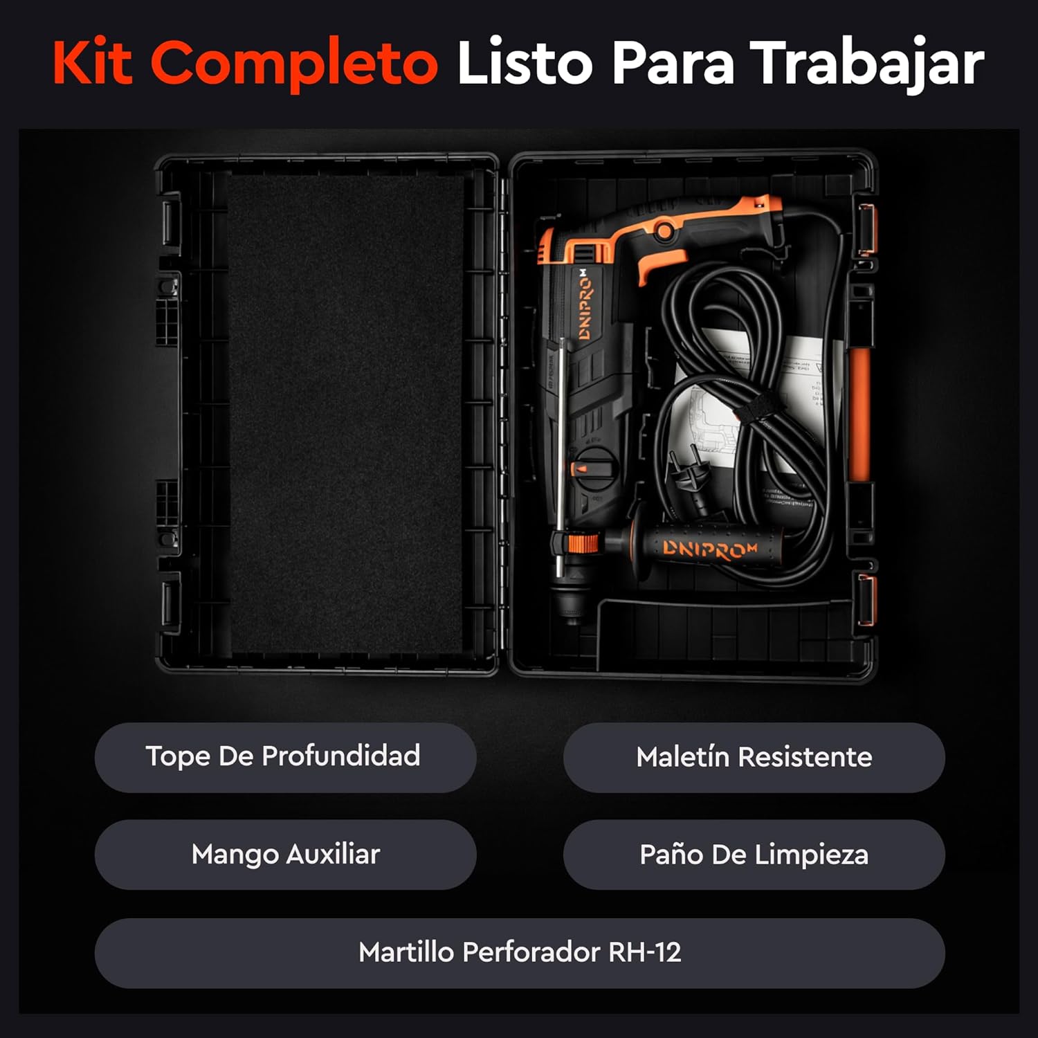 Martillo Perforador Ligero Dnipro-M RH-12 1050W – Energía de Impacto de 3.2 J, 4 Modos de Trabajo, Sistema SDS-Plus y Maletín de Transporte