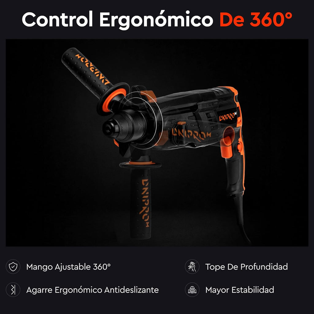 Martillo Perforador Ligero Dnipro-M RH-12 1050W – Energía de Impacto de 3.2 J, 4 Modos de Trabajo, Sistema SDS-Plus y Maletín de Transporte
