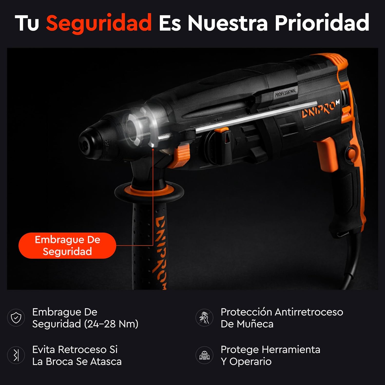 Martillo Perforador Ligero Dnipro-M RH-12 1050W – Energía de Impacto de 3.2 J, 4 Modos de Trabajo, Sistema SDS-Plus y Maletín de Transporte