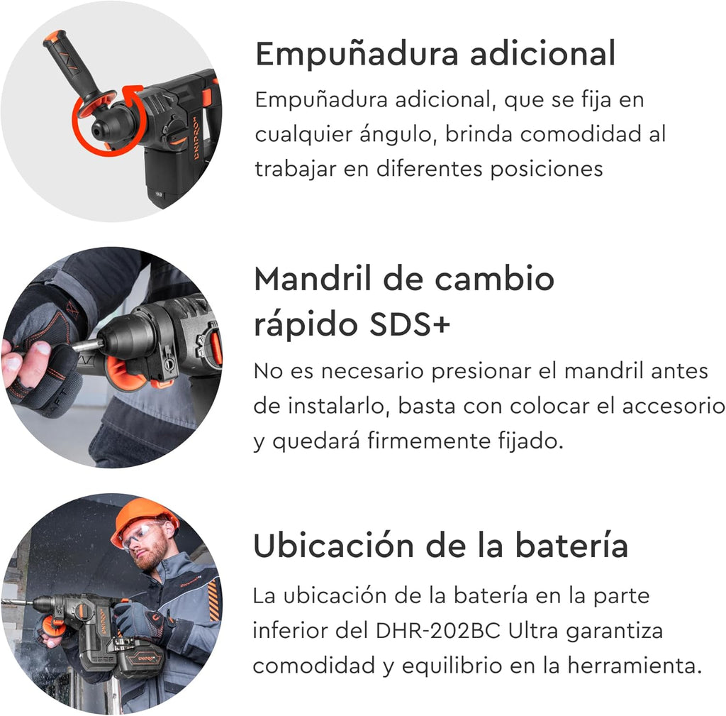 Martillo Perforador a Batería Dnipro-M DHR-202BC Ultra 20V – Motor Brushless, Energía de Impacto 2.3J, Kit con Batería 4Ah y Cargador