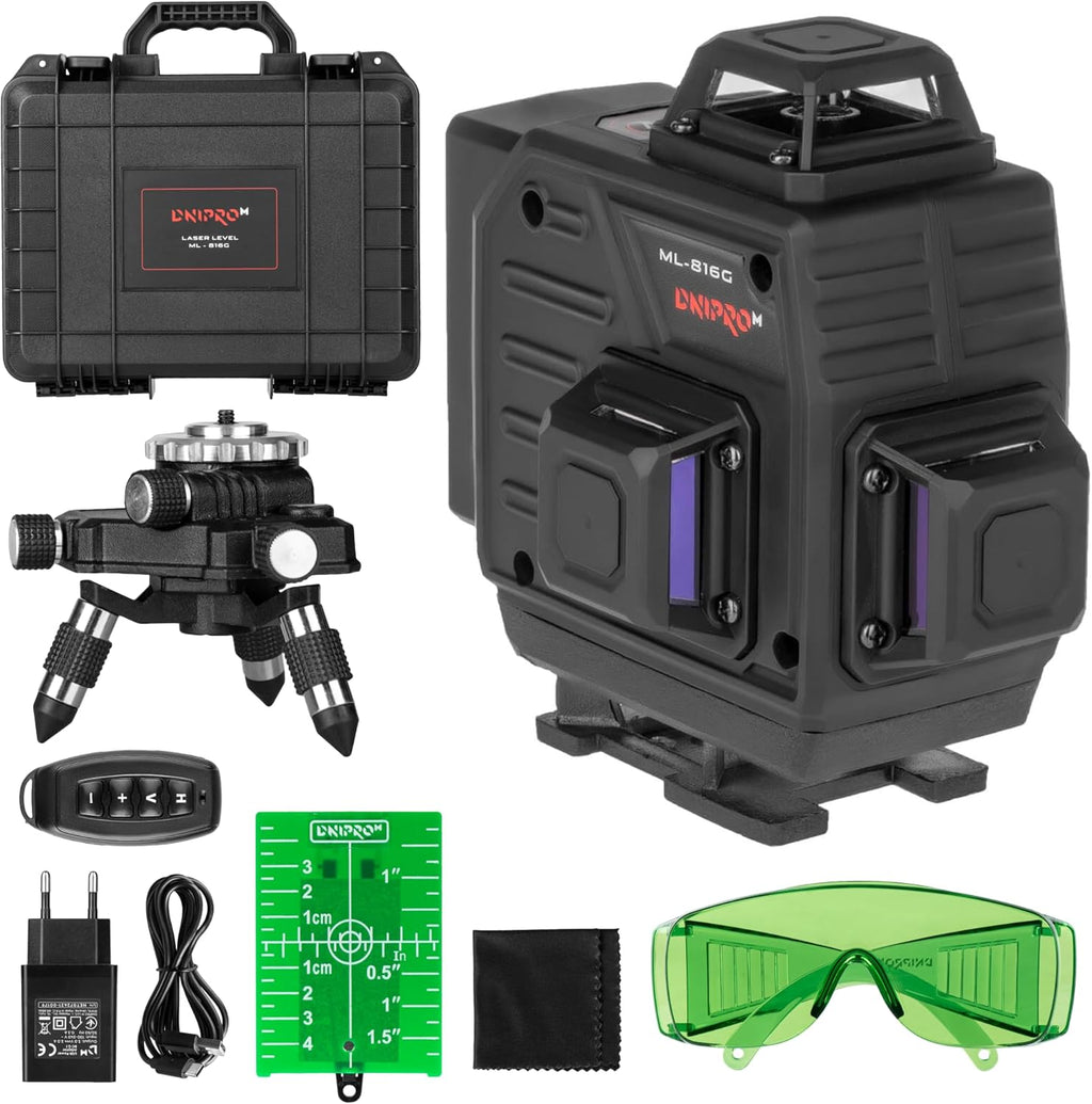 Nivel Láser Verde 4D Dnipro-M ML-816G – Profesional Autonivelante 4×360° (12/16 Líneas), Batería de 5200 mAh USB-C y Mando a Distancia
