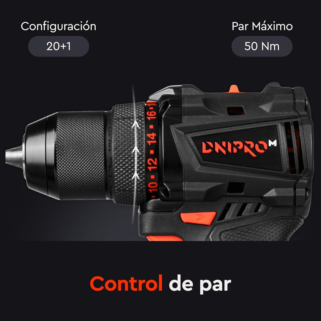 Taladro Atornillador Brushless Dnipro-M CD-200BC KIT 20V – Set Profesional con Sistema Kickback Control, Par de 50 Nm, Batería 2Ah y Cargador Rápido