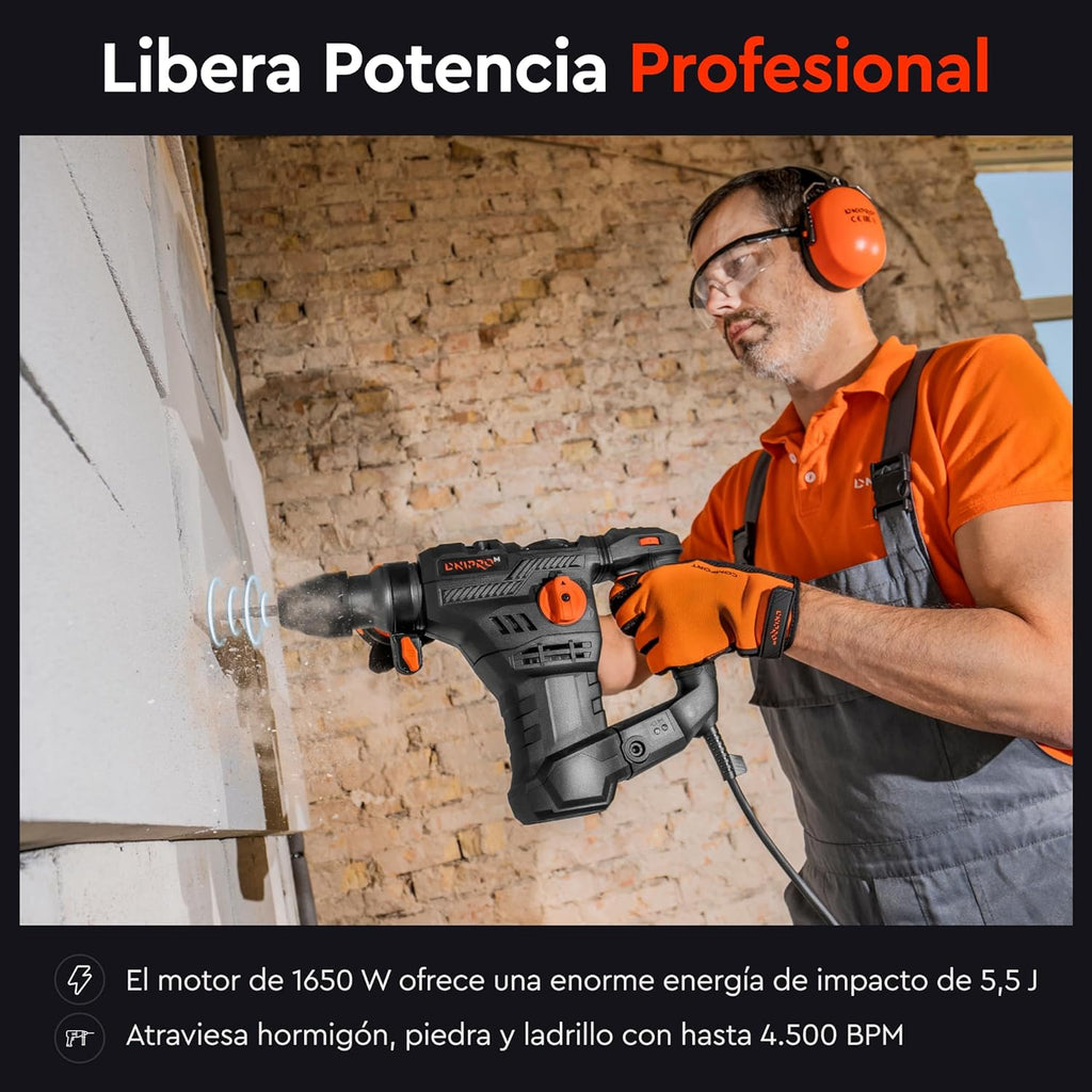 Martillo Perforador de Barril Dnipro-M BH-20 1650W – Fuerza de Impacto de 5.5 J, Velocidad Variable, Embrague R-Control, SDS-Plus y Maletín