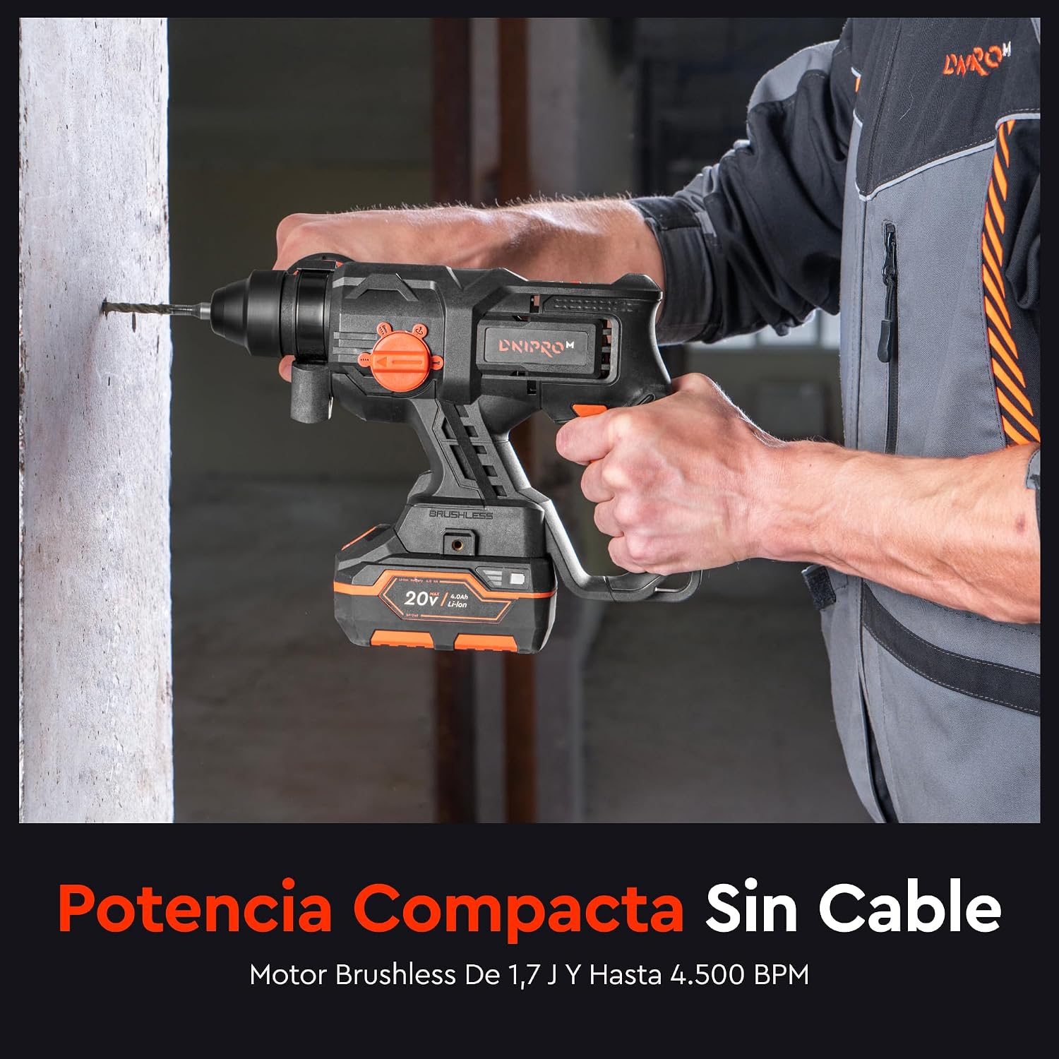 Martillo Perforador a Batería Compacto Dnipro-M DHR-201BC Compact (Sin Batería ni Cargador) – Motor Brushless Ligero de 1.85 kg, Fuerza de Impacto 1.7 J