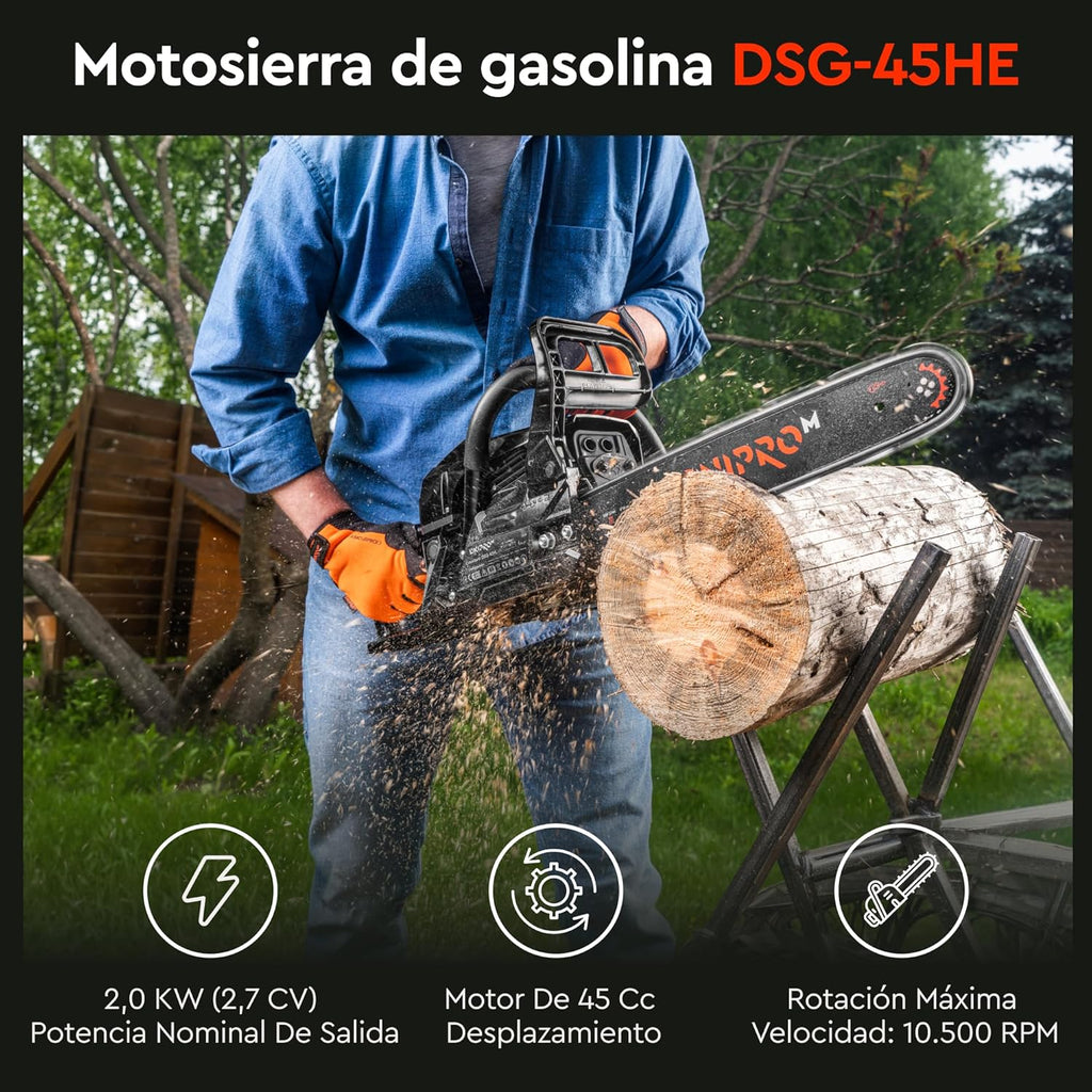 Motosierra de Gasolina Dnipro-M DSG-45HE – Motor de 45 cc (2000W), Espada de 40 cm, Sistema de Arranque Fácil y Filtro de Aire de Acceso Rápido