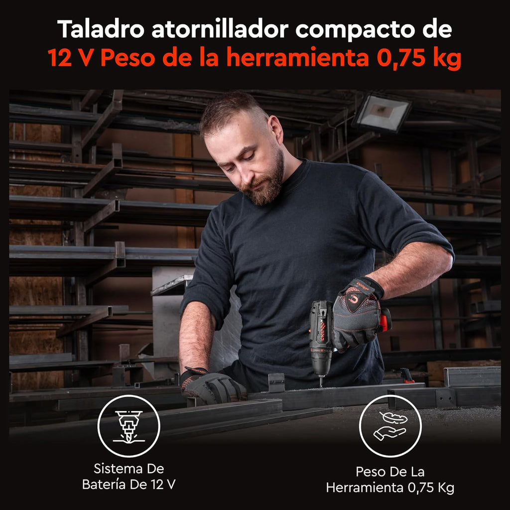 Taladro Atornillador Inalámbrico Dnipro-M CD-12CX Compact 12V – Diseño Ultra-Compacto de 164 mm, 30 Nm, Bloqueo de Husillo y Maletín con 2 Baterías de 2Ah