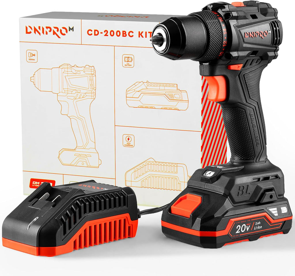 Taladro Atornillador Brushless Dnipro-M CD-200BC KIT 20V – Set Profesional con Sistema Kickback Control, Par de 50 Nm, Batería 2Ah y Cargador Rápido