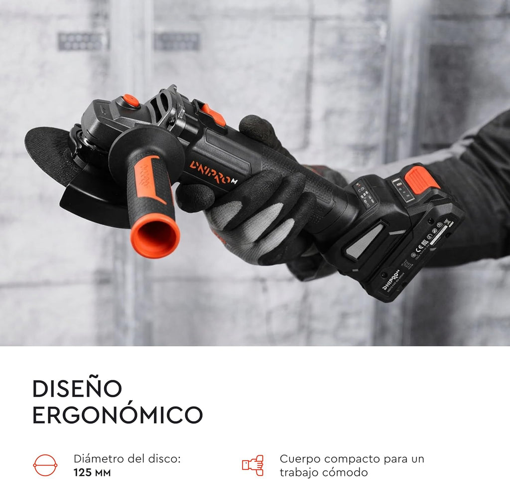 Amoladora Angular a Batería Dnipro-M DGA-201BC Ultra 20V – Motor Brushless, Kit con Batería de 4Ah y Cargador Rápido
