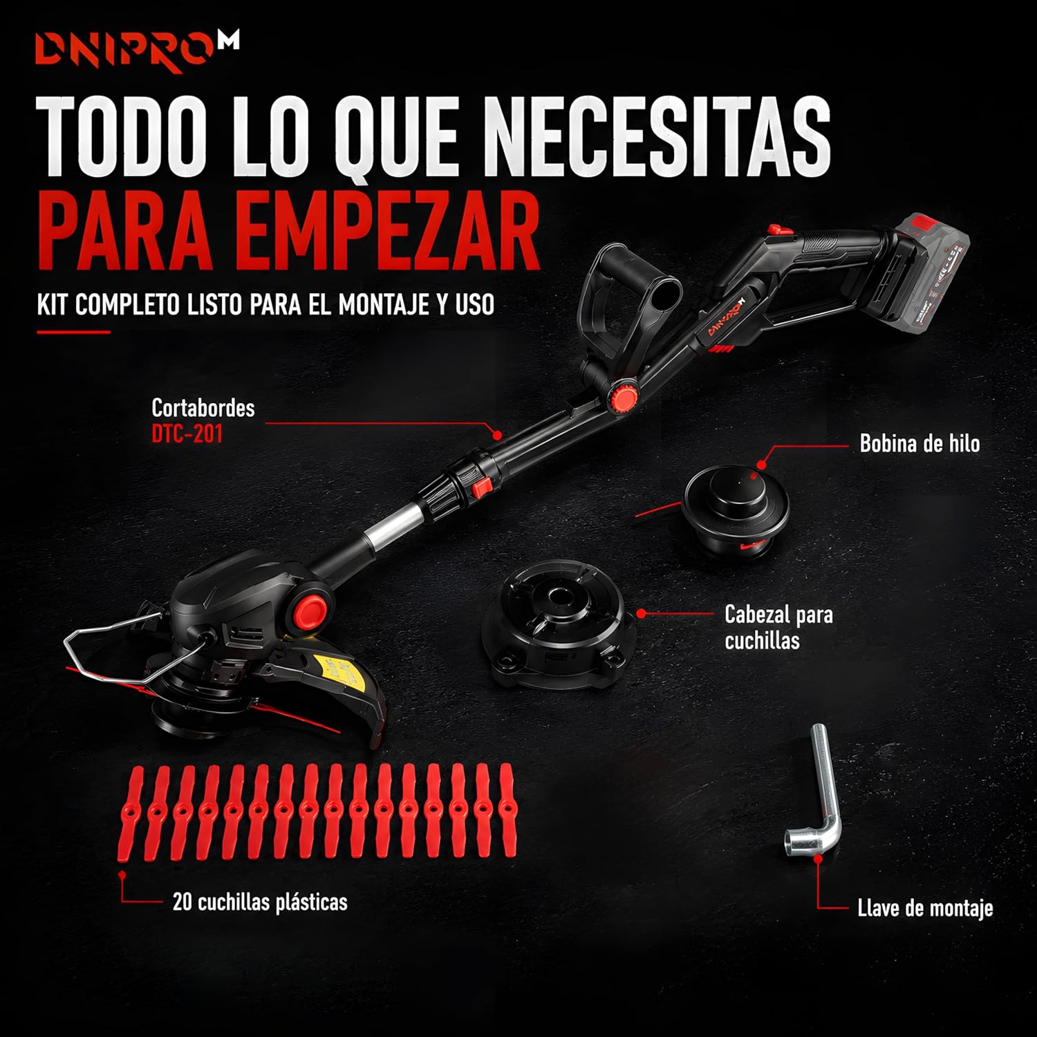 Cortabordes a Batería Dnipro-M DTC-201 20V – Trimmer de Césped Ergonómico, Kit Profesional con Batería 2Ah y Cargador Rápido