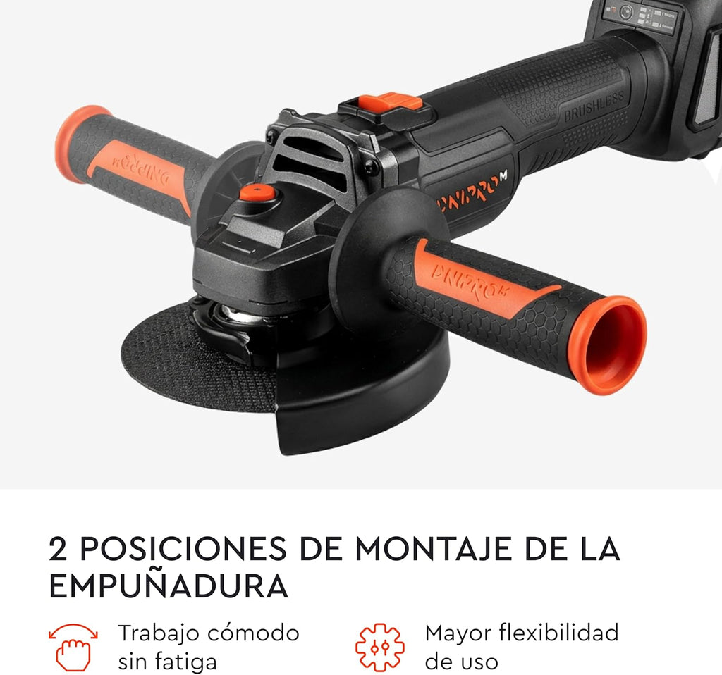 Amoladora Angular a Batería Dnipro-M DGA-201BC Ultra 20V – Motor Brushless, Kit con Batería de 4Ah y Cargador Rápido