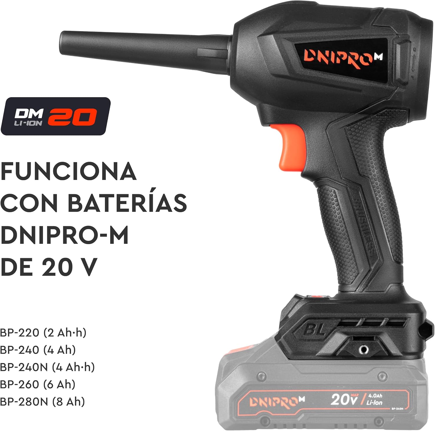 Soplador inalámbrico Dnipro-M DCB-203BC Compact 20V, motor brushless, 4 velocidades, sin batería ni cargador