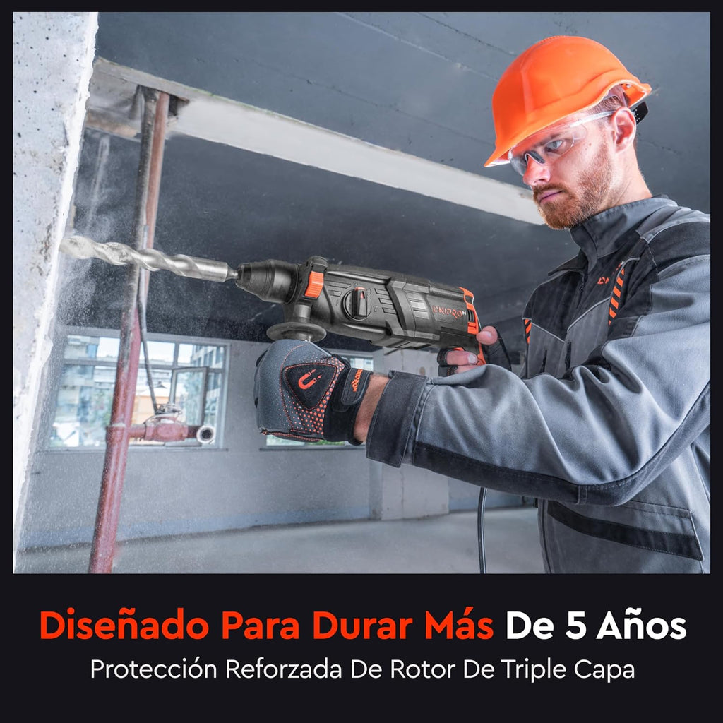 Martillo Perforador Ligero Dnipro-M RH-12 1050W – Energía de Impacto de 3.2 J, 4 Modos de Trabajo, Sistema SDS-Plus y Maletín de Transporte