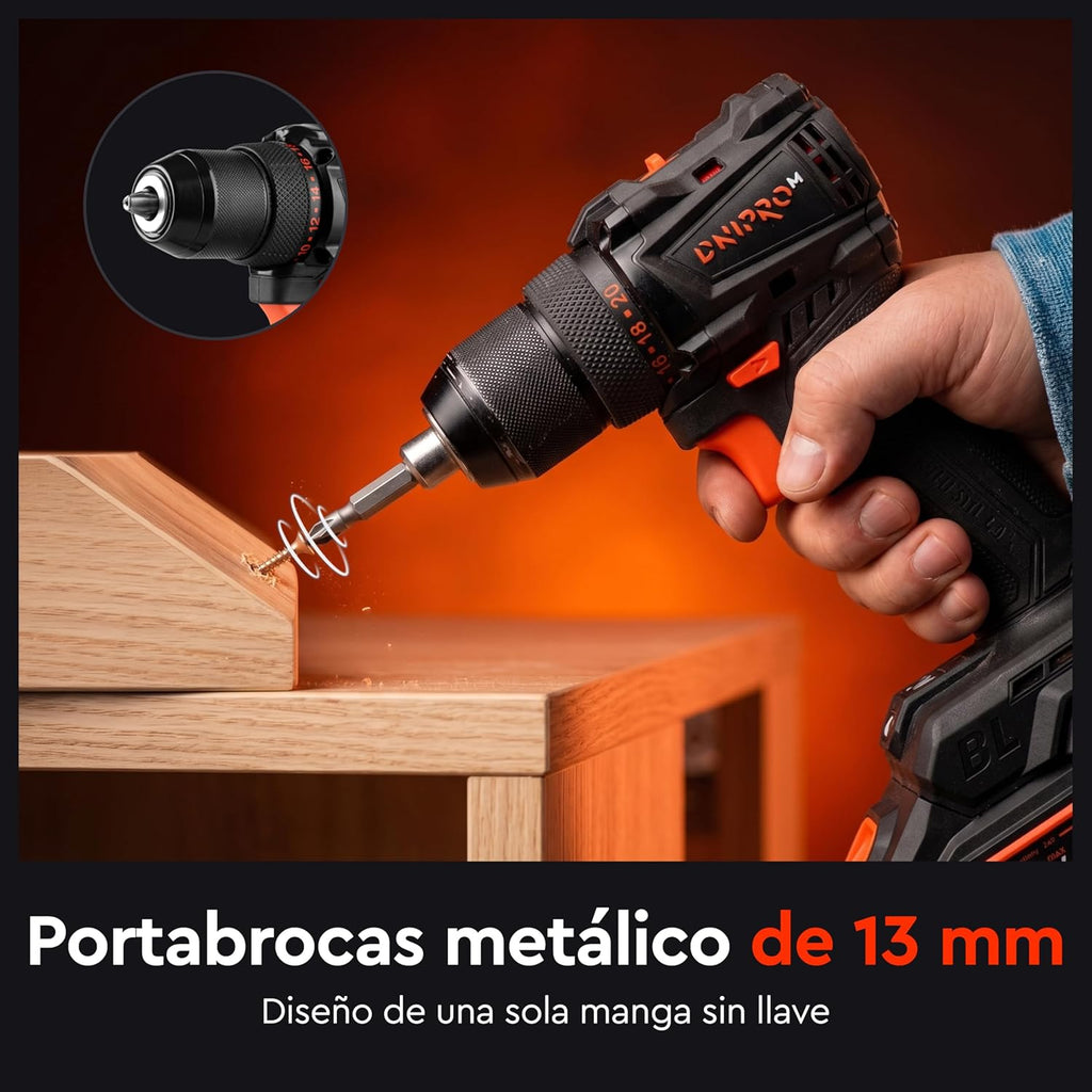 Taladro Atornillador Brushless Dnipro-M CD-200BC KIT 20V – Set Profesional con Sistema Kickback Control, Par de 50 Nm, Batería 2Ah y Cargador Rápido