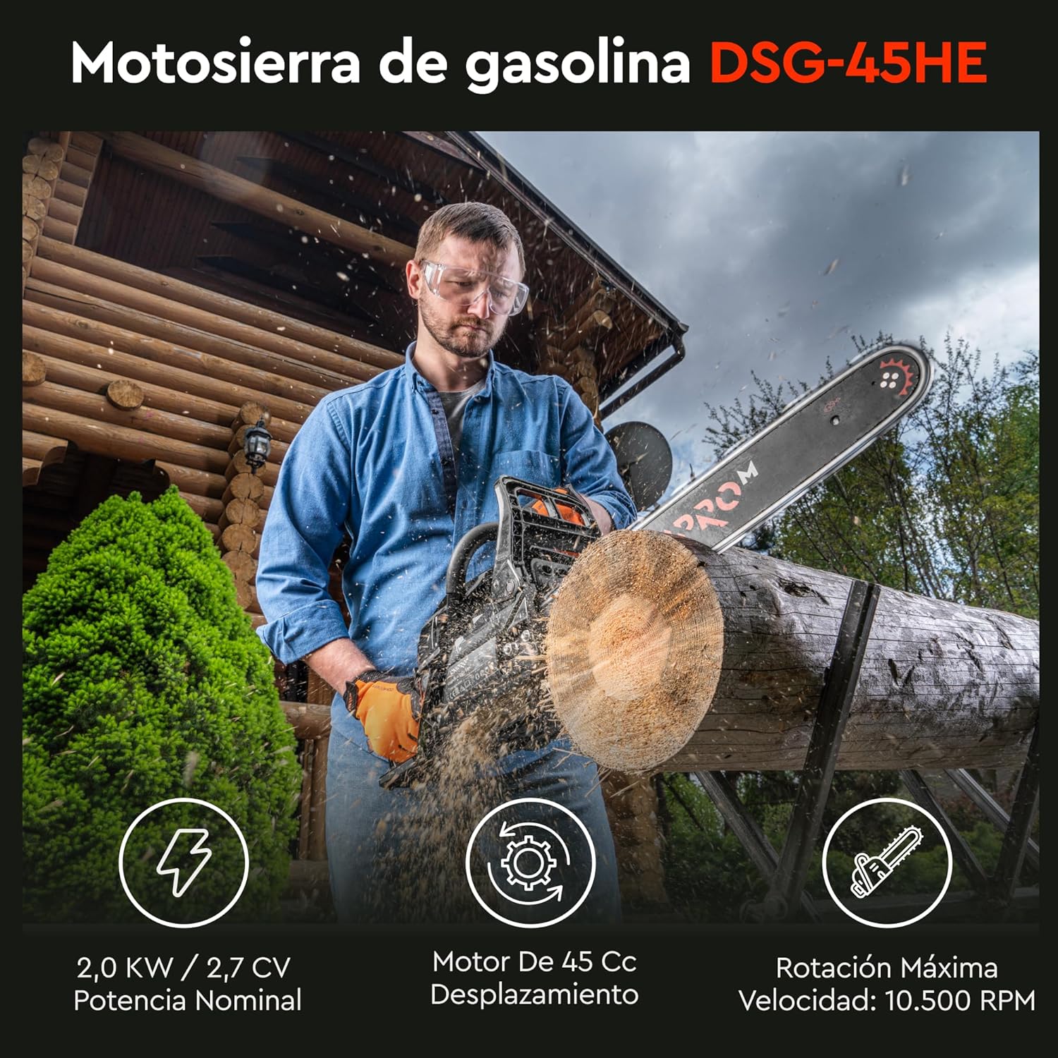Motosierra de Gasolina Dnipro-M DSG-52HE – Potencia Semi-Profesional de 52 cc (2400W), Espada de 45 cm y Sistema de Arranque Fácil
