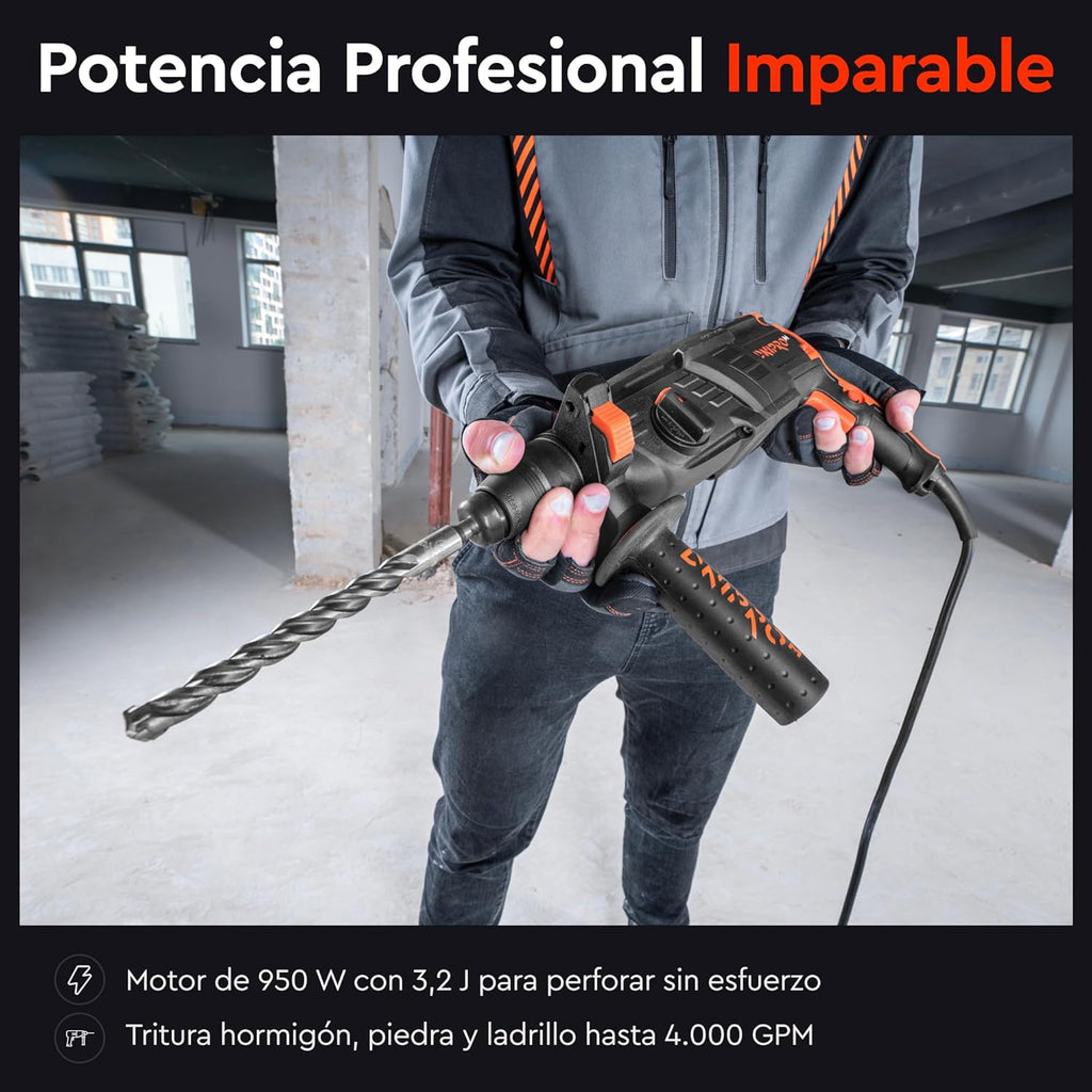 Martillo Perforador Ligero Dnipro-M RH-12 1050W – Energía de Impacto de 3.2 J, 4 Modos de Trabajo, Sistema SDS-Plus y Maletín de Transporte
