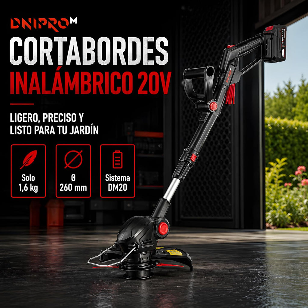 Cortabordes a Batería Dnipro-M DTC-201 20V – Trimmer de Césped Ergonómico, Kit Profesional con Batería 2Ah y Cargador Rápido