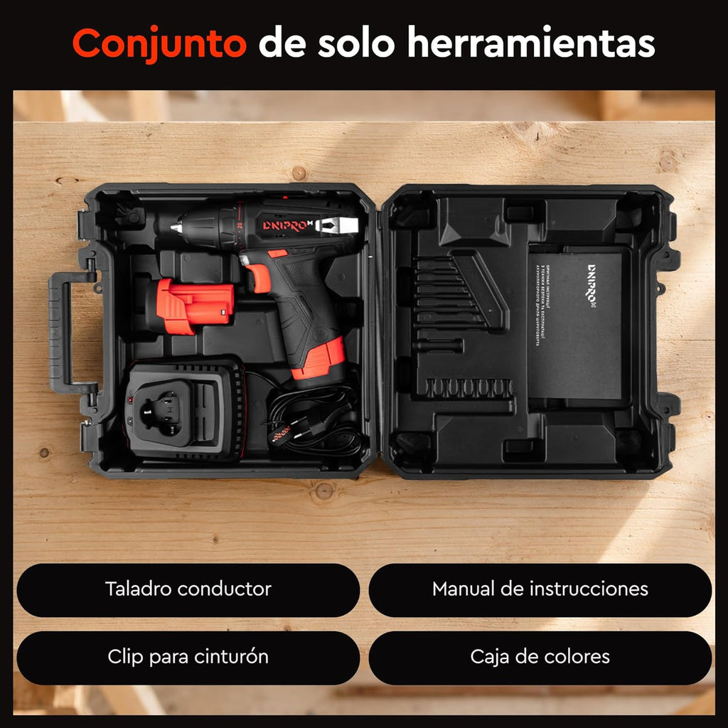 Taladro Atornillador Inalámbrico Dnipro-M CD-12CX Compact 12V – Diseño Ultra-Compacto de 164 mm, 30 Nm, Bloqueo de Husillo y Maletín con 2 Baterías de 2Ah