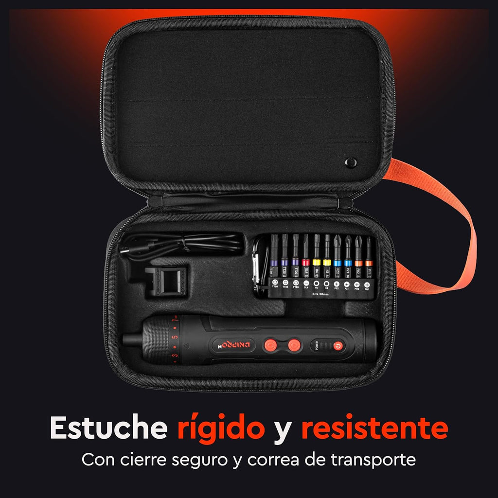 Destornillador Eléctrico Inalámbrico 3.6V Dnipro-M CSD-40X – 4.5 Nm Automático / 10 Nm Manual, Embrague de 8 Posiciones, LED Circular, Cable USB-C y Estuche con 10 Puntas