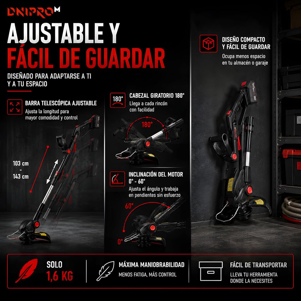 Cortabordes a Batería Dnipro-M DTC-201 20V – Trimmer de Césped Ergonómico, Kit Profesional con Batería 2Ah y Cargador Rápido