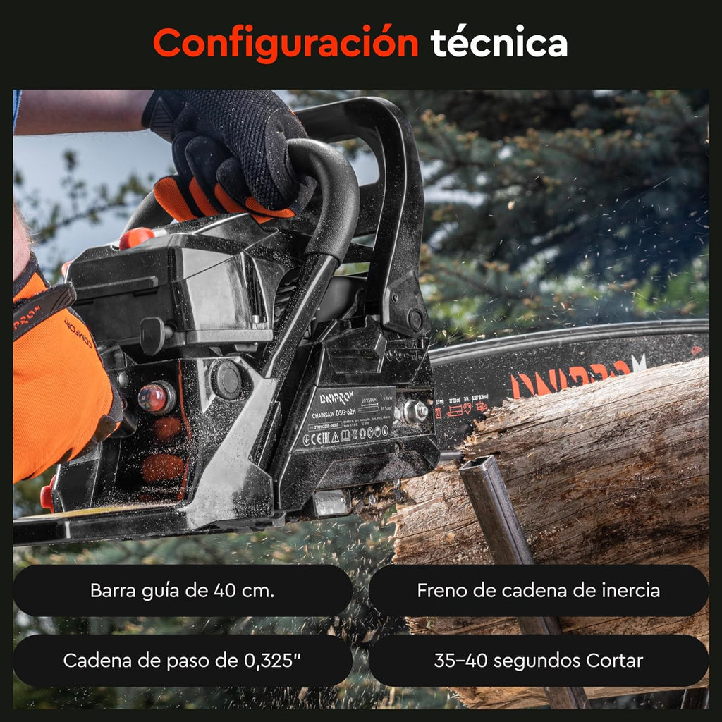 Motosierra de Gasolina Dnipro-M DSG-45HE – Motor de 45 cc (2000W), Espada de 40 cm, Sistema de Arranque Fácil y Filtro de Aire de Acceso Rápido
