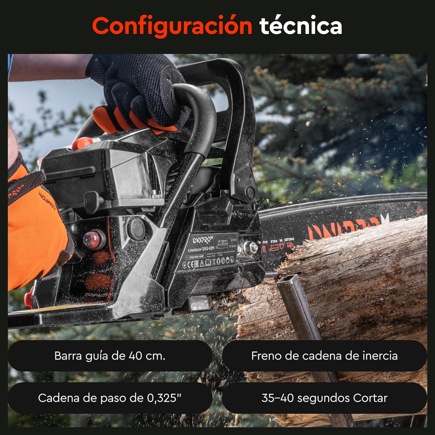 Motosierra de Gasolina Dnipro-M DSG-45HE – Motor de 45 cc (2000W), Espada de 40 cm, Sistema de Arranque Fácil y Filtro de Aire de Acceso Rápido
