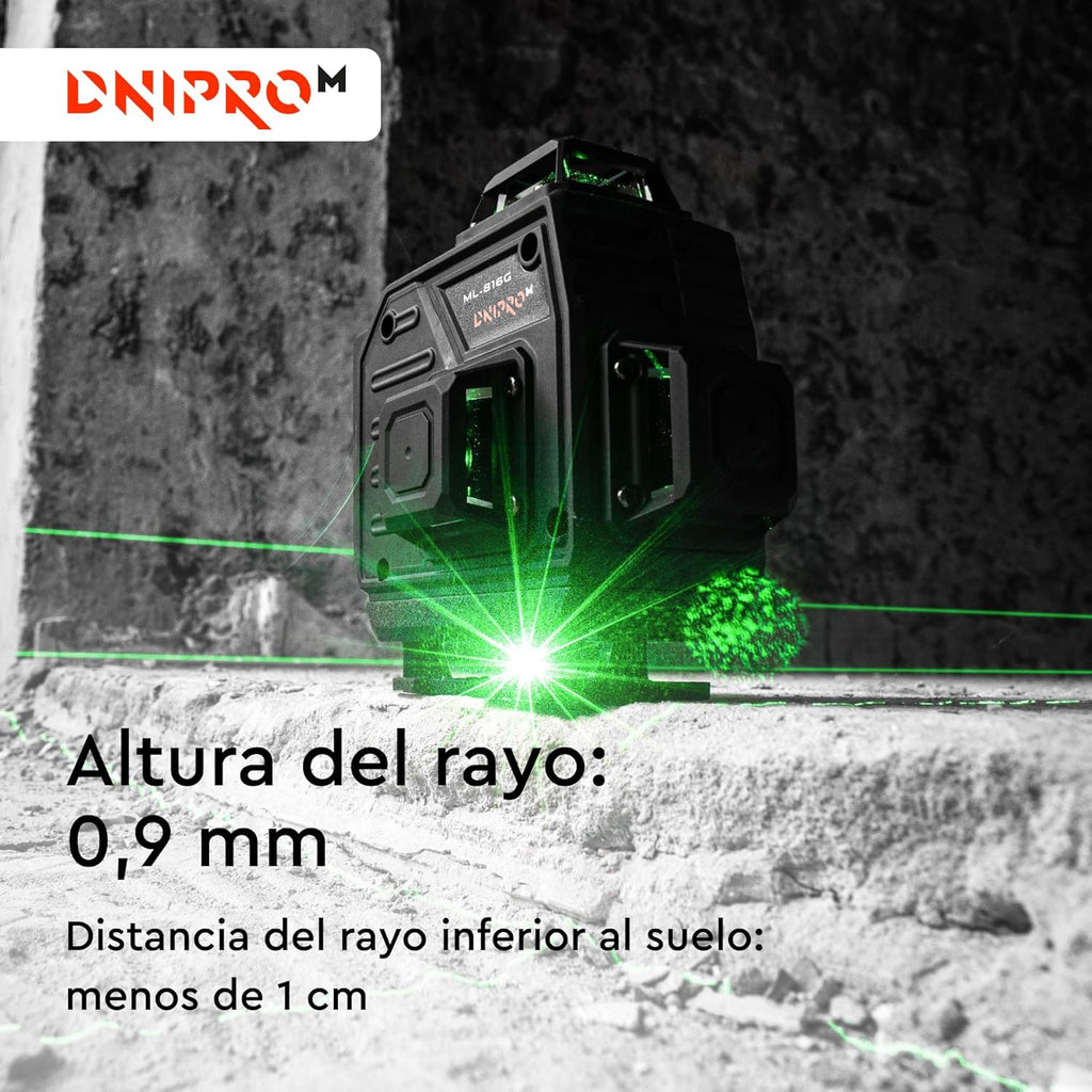 Nivel Láser Verde 4D Dnipro-M ML-816G – Profesional Autonivelante 4×360° (12/16 Líneas), Batería de 5200 mAh USB-C y Mando a Distancia