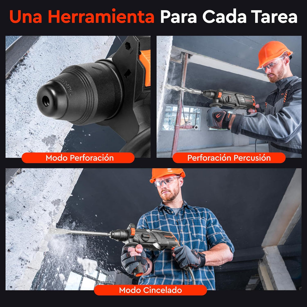 Martillo Perforador Ligero Dnipro-M RH-12 1050W – Energía de Impacto de 3.2 J, 4 Modos de Trabajo, Sistema SDS-Plus y Maletín de Transporte