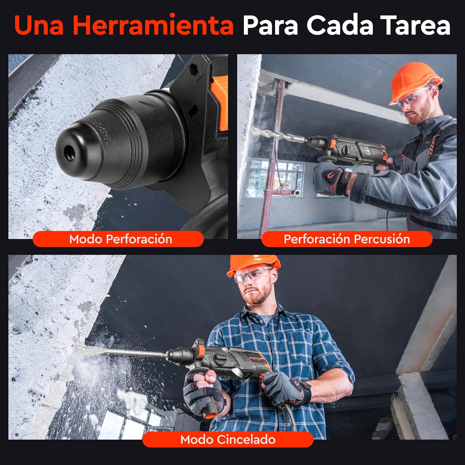 Martillo Perforador Ligero Dnipro-M RH-12 1050W – Energía de Impacto de 3.2 J, 4 Modos de Trabajo, Sistema SDS-Plus y Maletín de Transporte